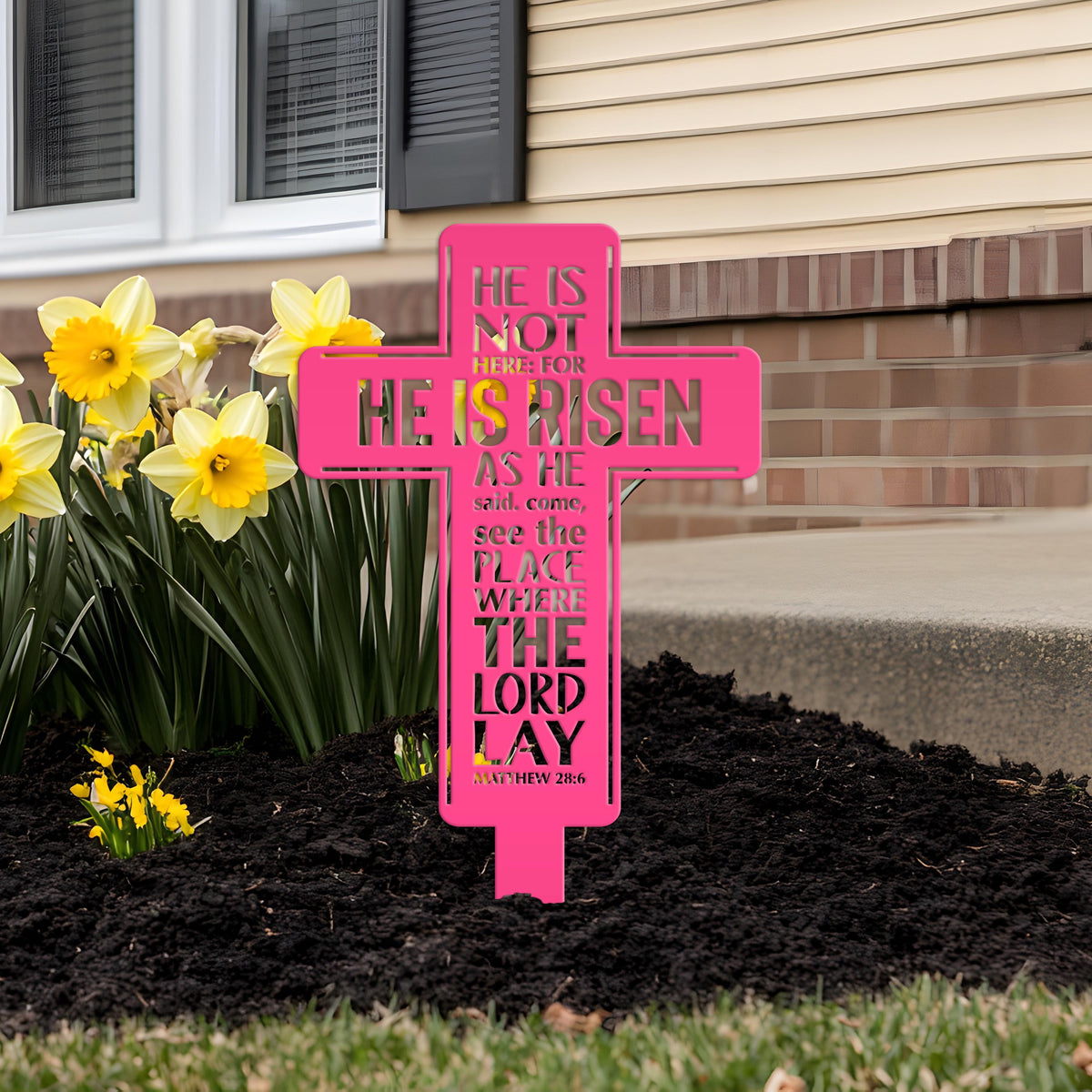 Metal Easter Cross Yard Stake - Matthew 28