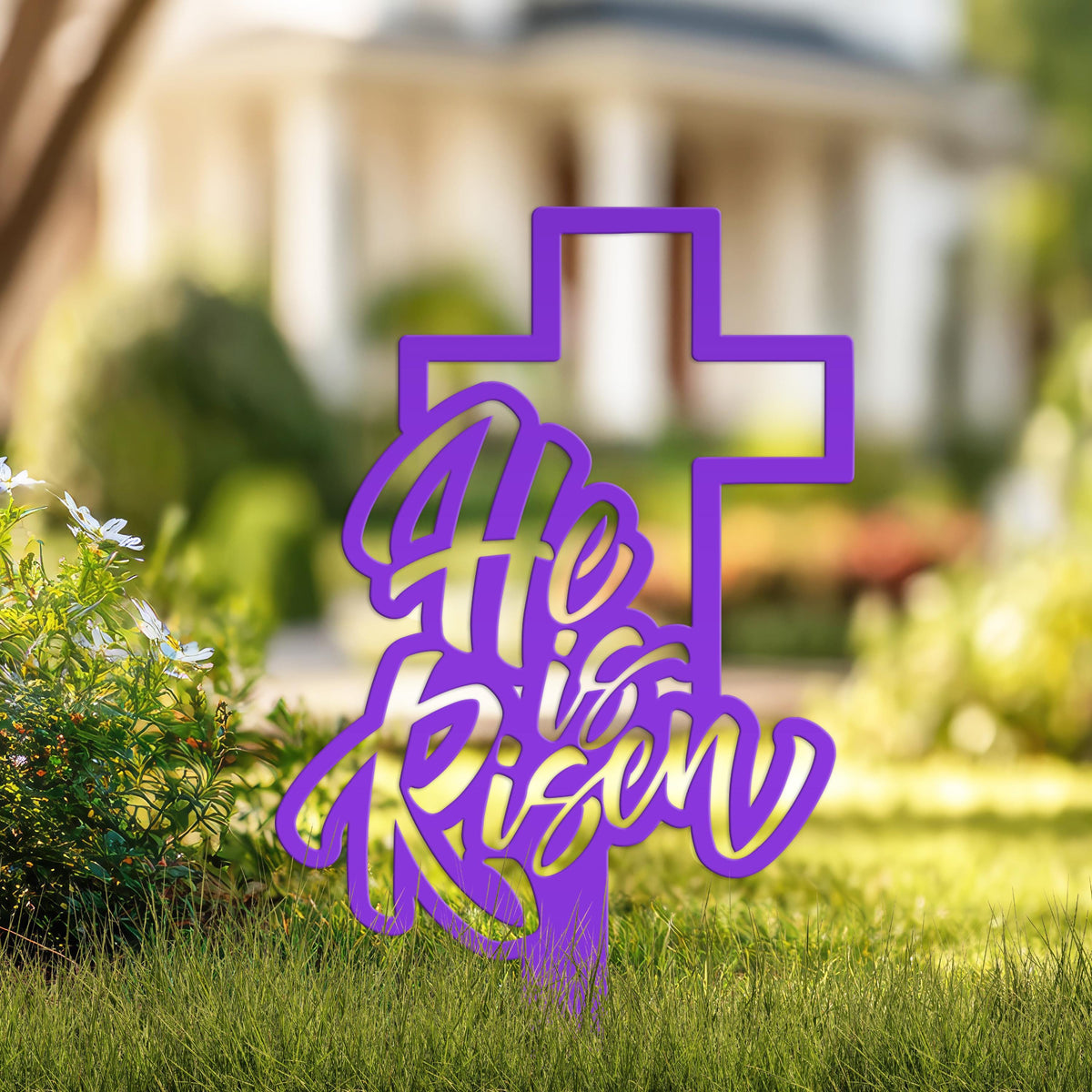 Outdoor He is Risen Cross Metal Yard Stake - Christian Easter Decor - Powder Coated Outdoor Easter Decor