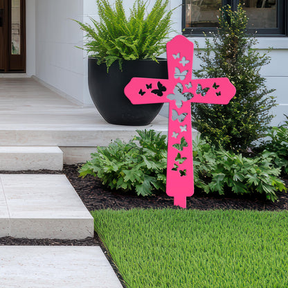 Cross Metal Yard Stake  with Butterflies,  Outdoor Christian Decor, Easter Decor, Mother's Day Gift