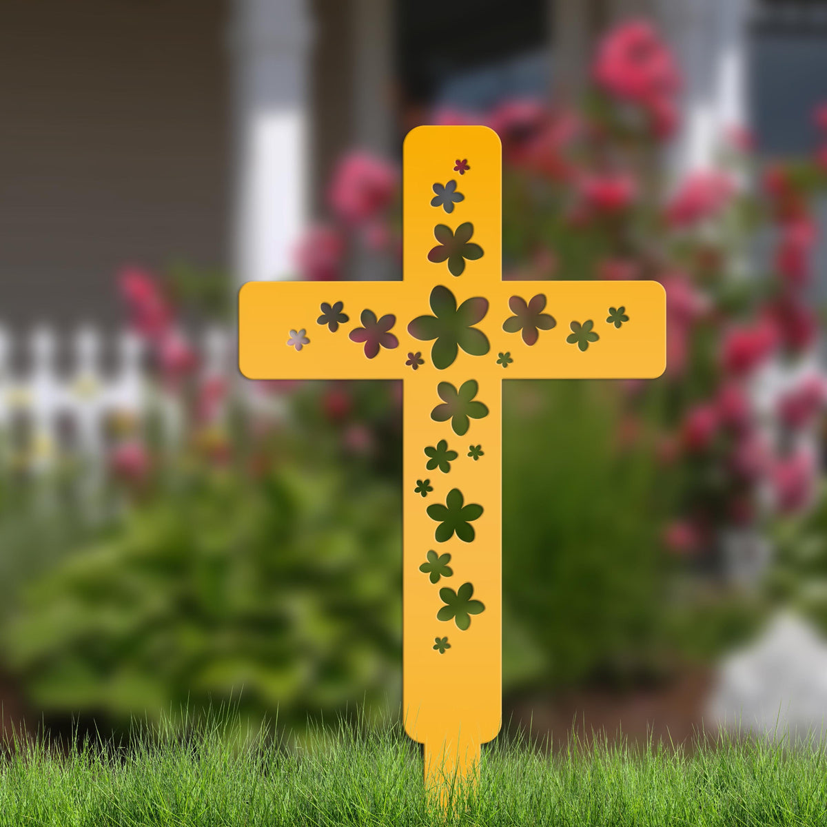 Flower Cross Metal Yard Stake - Christian/Easter Decor