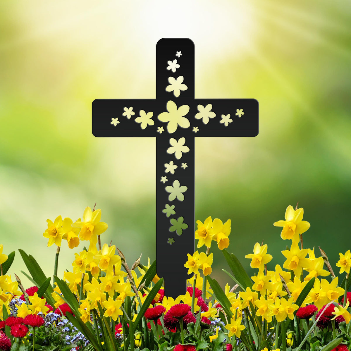 Flower Cross Metal Yard Stake - Christian/Easter Decor