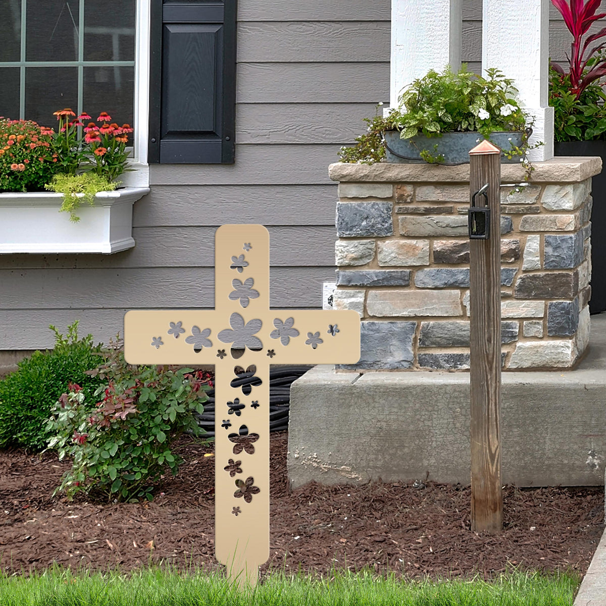Flower Cross Metal Yard Stake - Christian/Easter Decor
