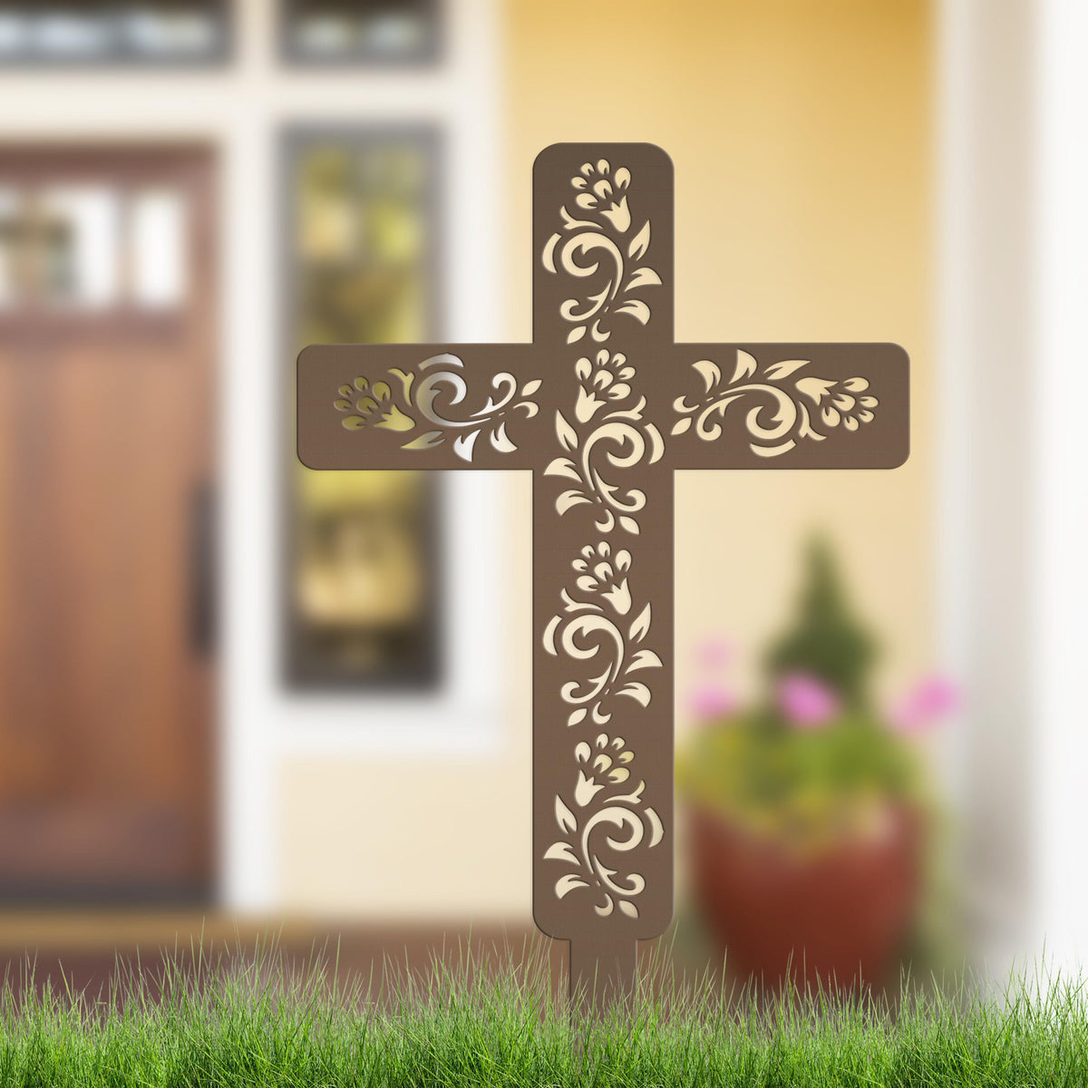 Cross for Front Yard or Garden, Metal Scrolled Cross, Christian Easter Decor
