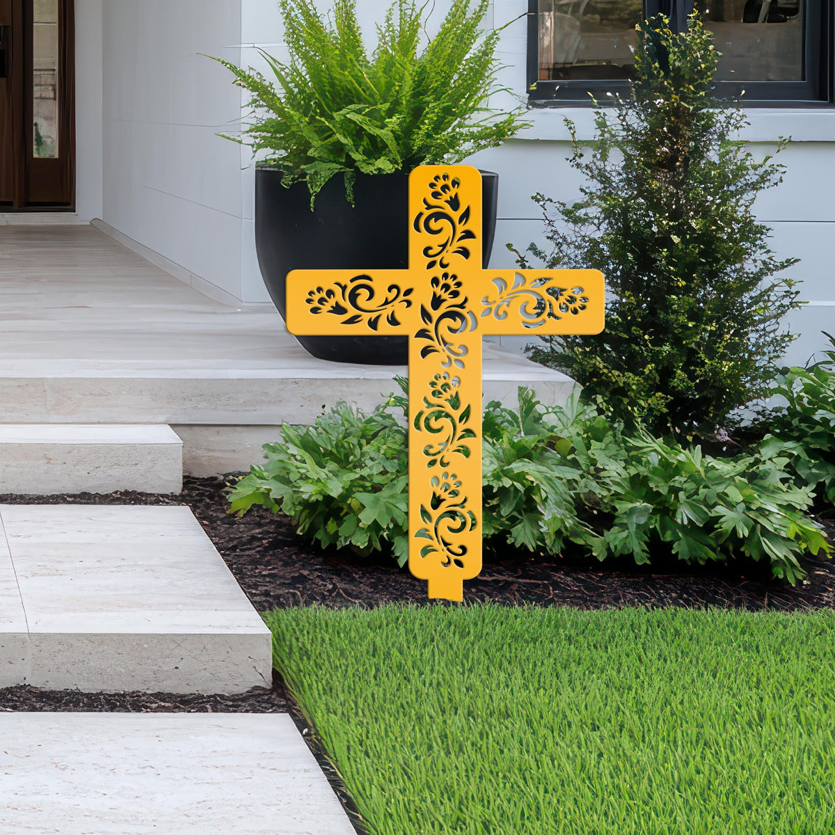 Cross for Front Yard or Garden, Metal Scrolled Cross, Christian Easter Decor