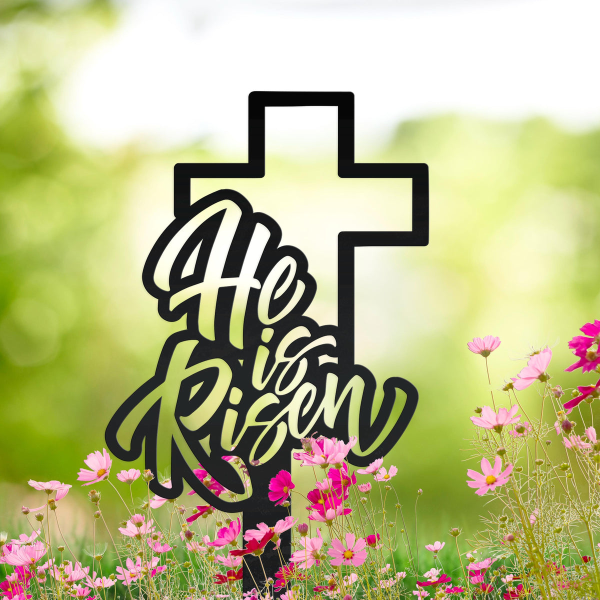 Outdoor He is Risen Cross Metal Yard Stake - Christian Easter Decor - Powder Coated Outdoor Easter Decor