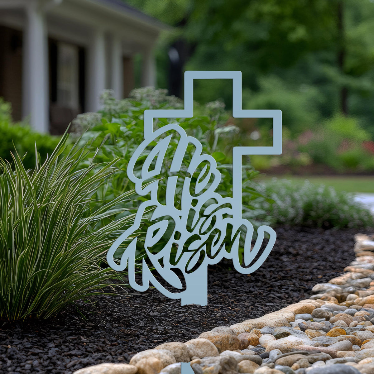 Outdoor He is Risen Cross Metal Yard Stake - Christian Easter Decor - Powder Coated Outdoor Easter Decor