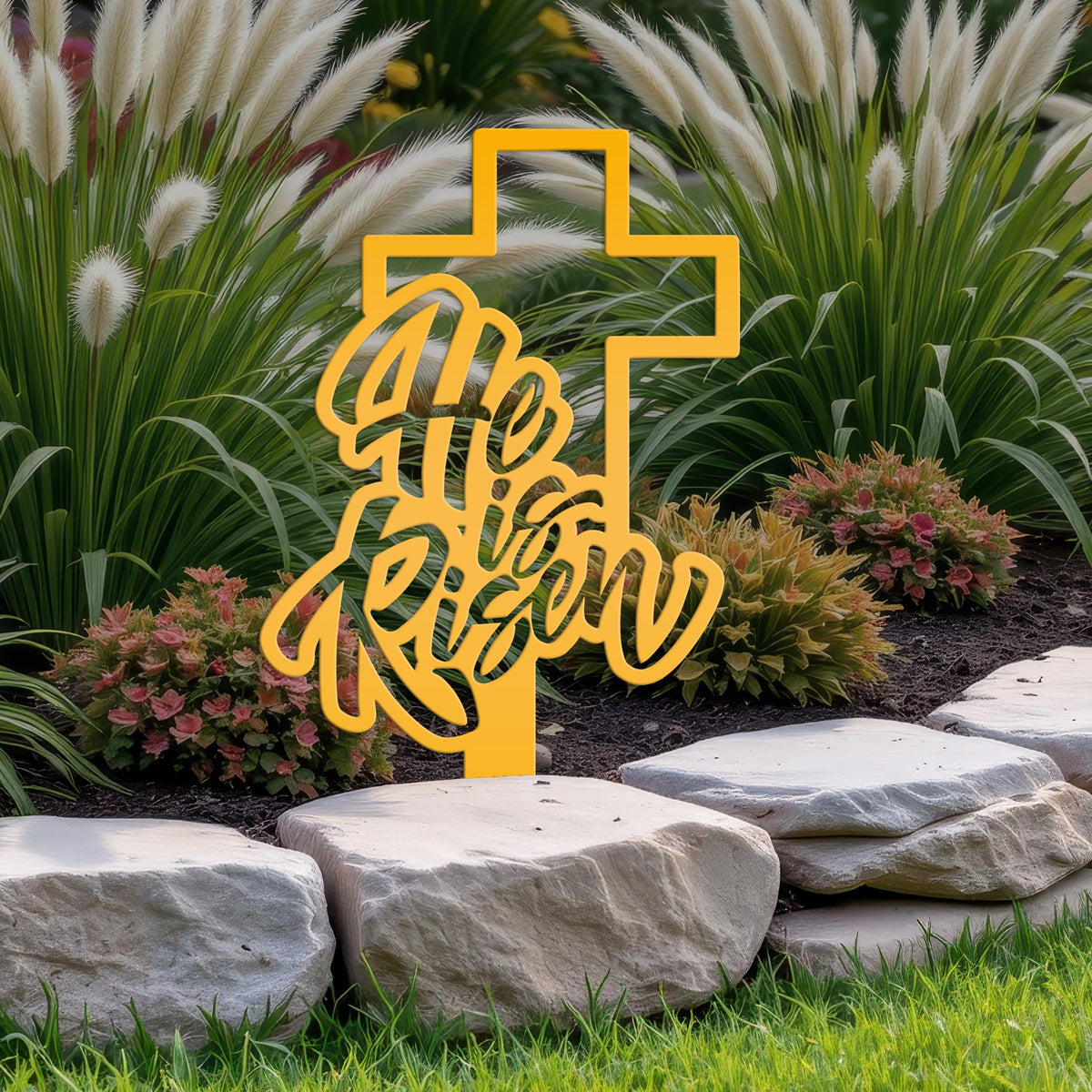 Outdoor He is Risen Cross Metal Yard Stake - Christian Easter Decor - Powder Coated Outdoor Easter Decor