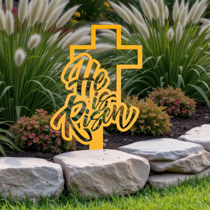 Outdoor He is Risen Cross Metal Yard Stake - Christian Easter Decor - Powder Coated Outdoor Easter Decor