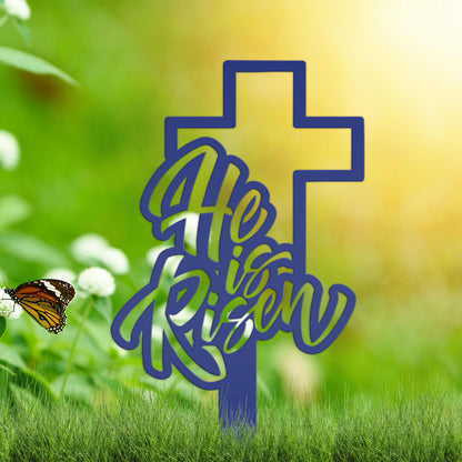 Outdoor He is Risen Cross Metal Yard Stake - Christian Easter Decor - Powder Coated Outdoor Easter Decor