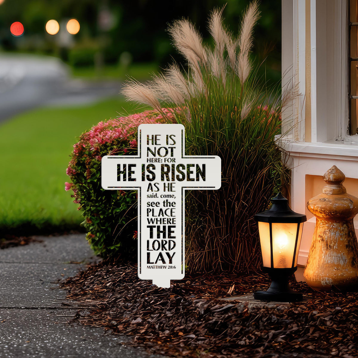 Metal Easter Cross Yard Stake - Matthew 28