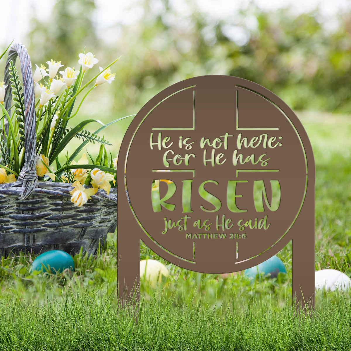 Metal Outdoor Easter Yard Stake - He Is Risen Christian Easter Decor