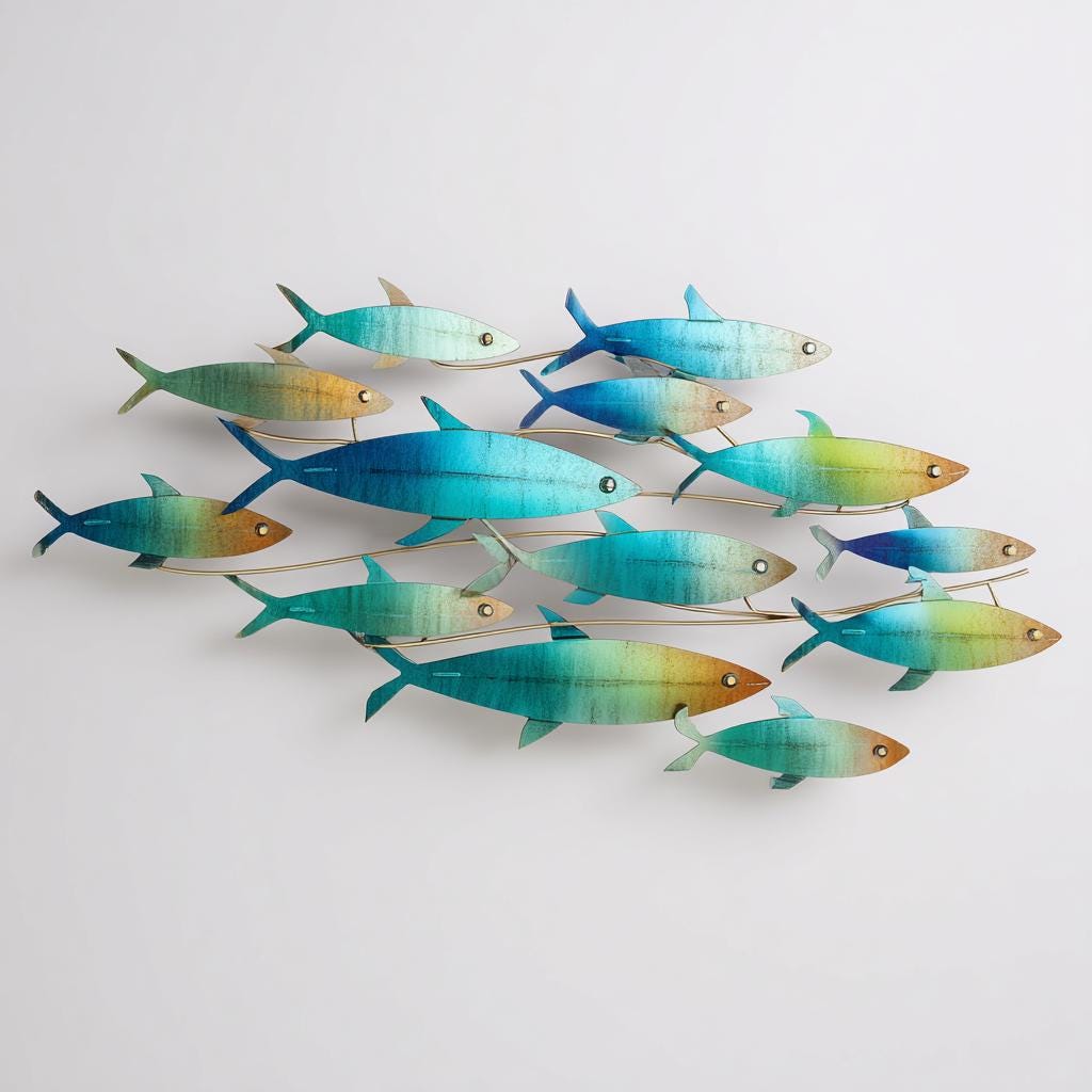 Coastal School of Fish Metal Wall Art, UV Printed Aluminum Ocean Decor