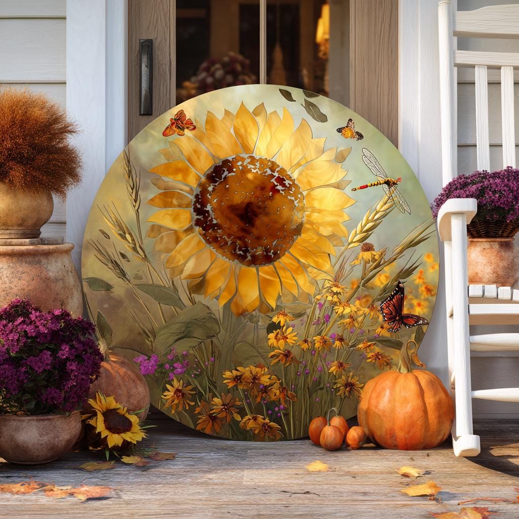 Harvest Meadow Metal Wall Art, Sunflower Butterfly Aluminum Sign, UV Printed Outdoor Decor