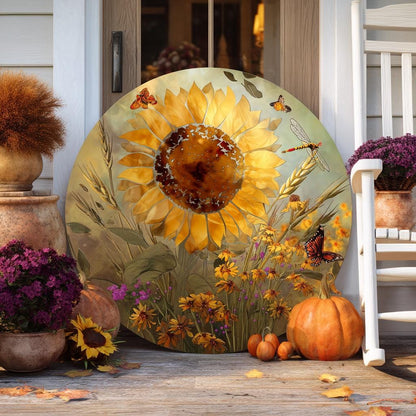 Harvest Meadow Metal Wall Art, Sunflower Butterfly Aluminum Sign, UV Printed Outdoor Decor