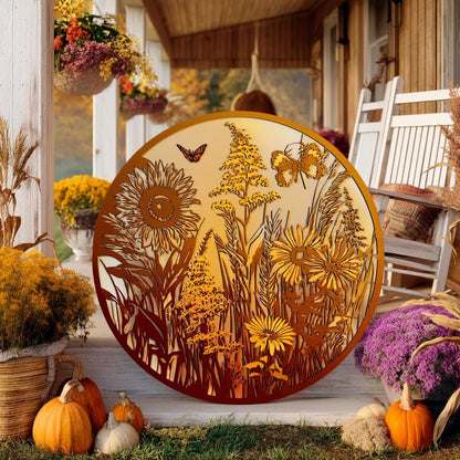 Harvest Meadow Metal Wall Art, Sunflower Butterfly Aluminum Sign, UV Printed Outdoor Decor