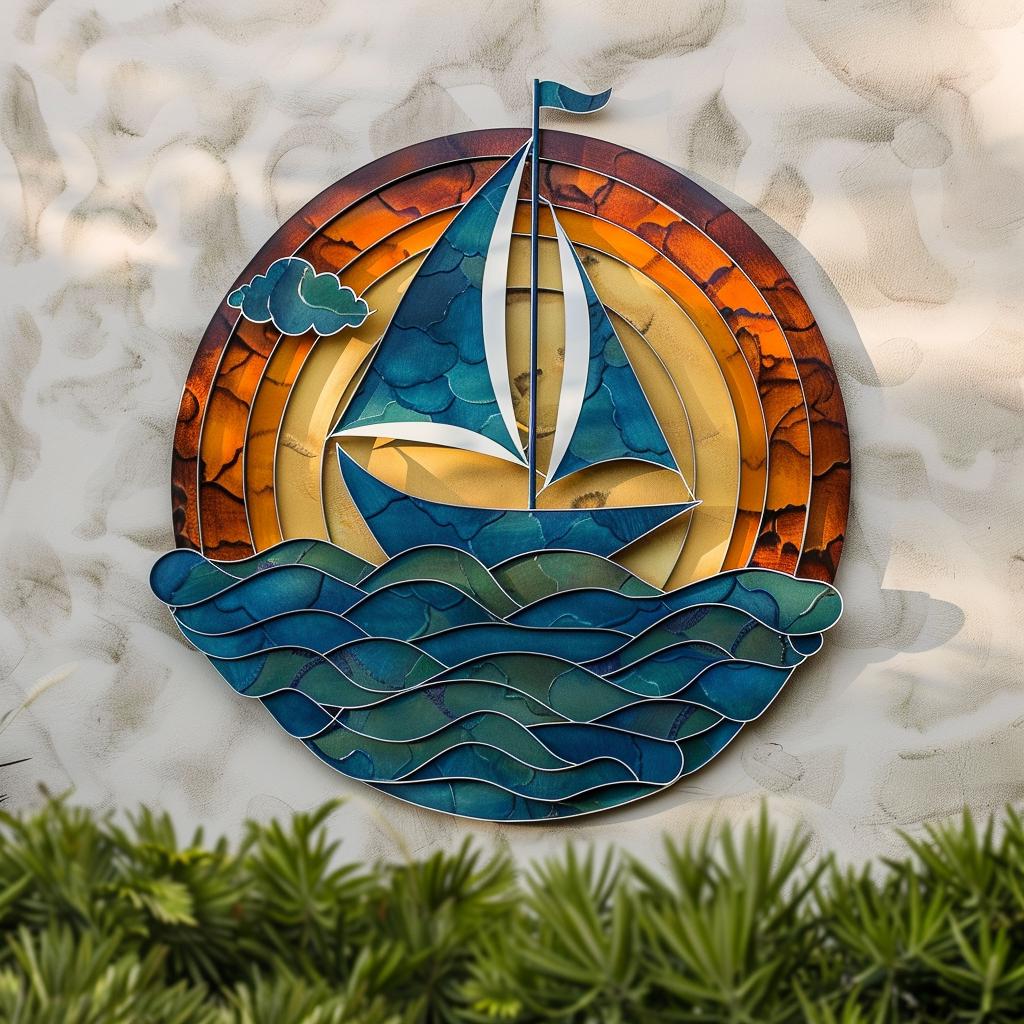 Sailboat Sunburst Metal Wall Art, UV Printed Aluminum Ocean Wave Sign
