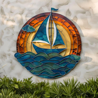 Sailboat Sunburst Metal Wall Art, UV Printed Aluminum Ocean Wave Sign