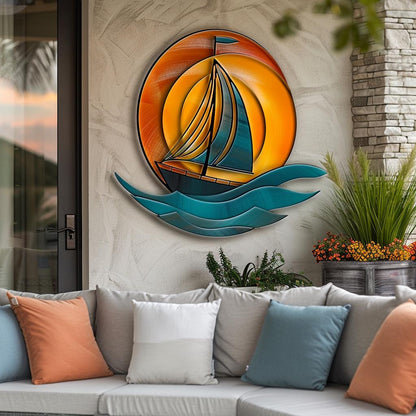 Sailboat Sunburst Metal Wall Art, UV Printed Aluminum Ocean Wave Sign