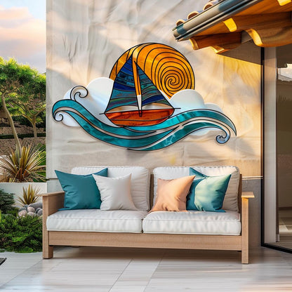 Sailboat Sunburst Metal Wall Art, UV Printed Aluminum Ocean Wave Sign