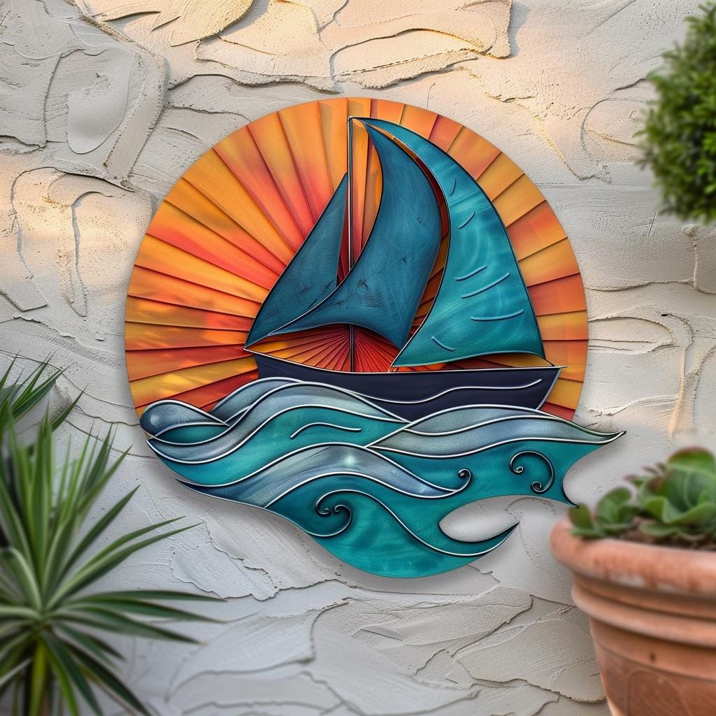 Sailboat Sunburst Metal Wall Art, UV Printed Aluminum Ocean Wave Sign