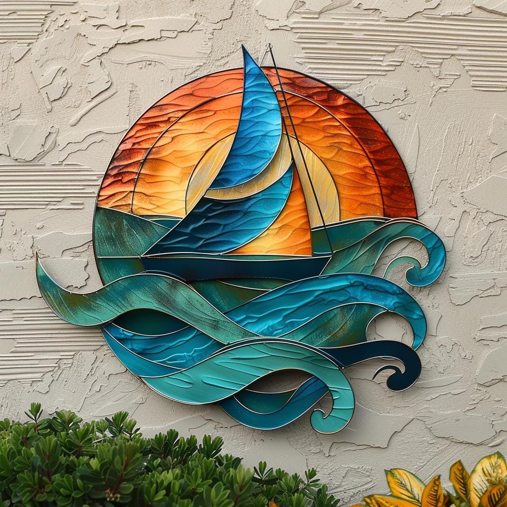 Sailboat Sunburst Metal Wall Art, UV Printed Aluminum Ocean Wave Sign
