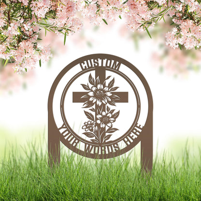 Christian Cross Garden Stake - Gravesite Memorial Metal Sign - Custom Family Name Lawn Art - Religious Yard Ornament - Faith Inspired Signs