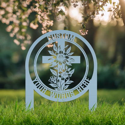 Christian Cross Garden Stake - Gravesite Memorial Metal Sign - Custom Family Name Lawn Art - Religious Yard Ornament - Faith Inspired Signs