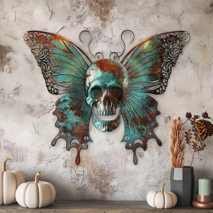 Butterfly Skull Metal Wall Art, UV Printed Aluminum Gothic Decor