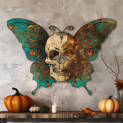 Butterfly Skull Metal Wall Art, UV Printed Aluminum Gothic Decor