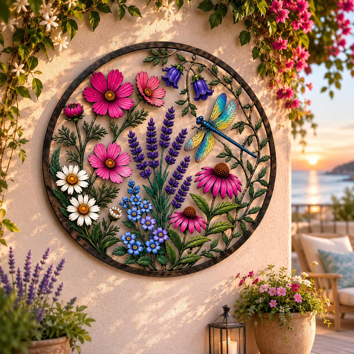 Botanical Dragonfly Metal Wall Art, UV Printed Wildflower Garden Decor Fall Season