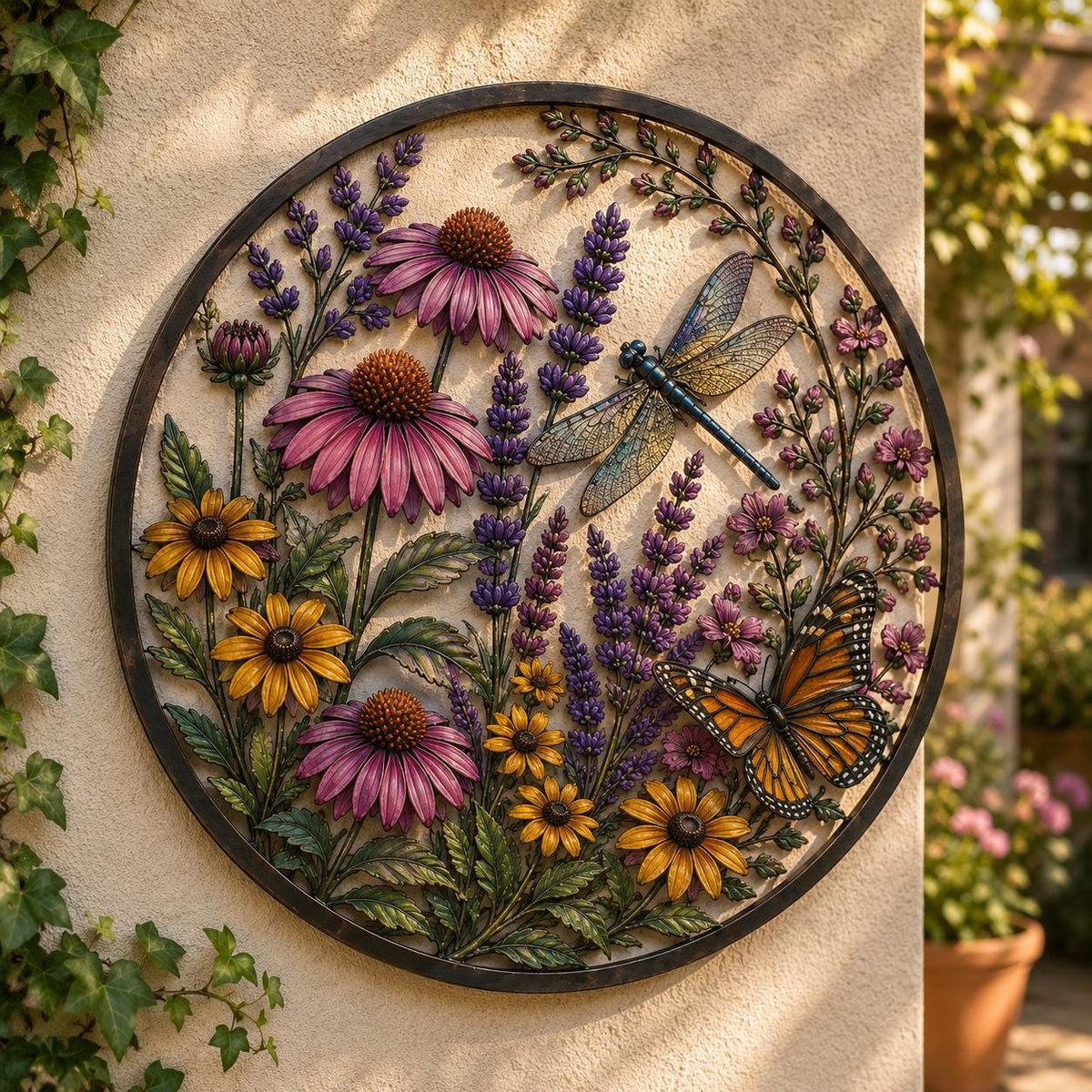 Botanical Dragonfly Metal Wall Art, UV Printed Wildflower Garden Decor Fall Season