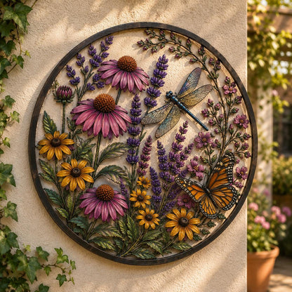 Botanical Dragonfly Metal Wall Art, UV Printed Wildflower Garden Decor Fall Season