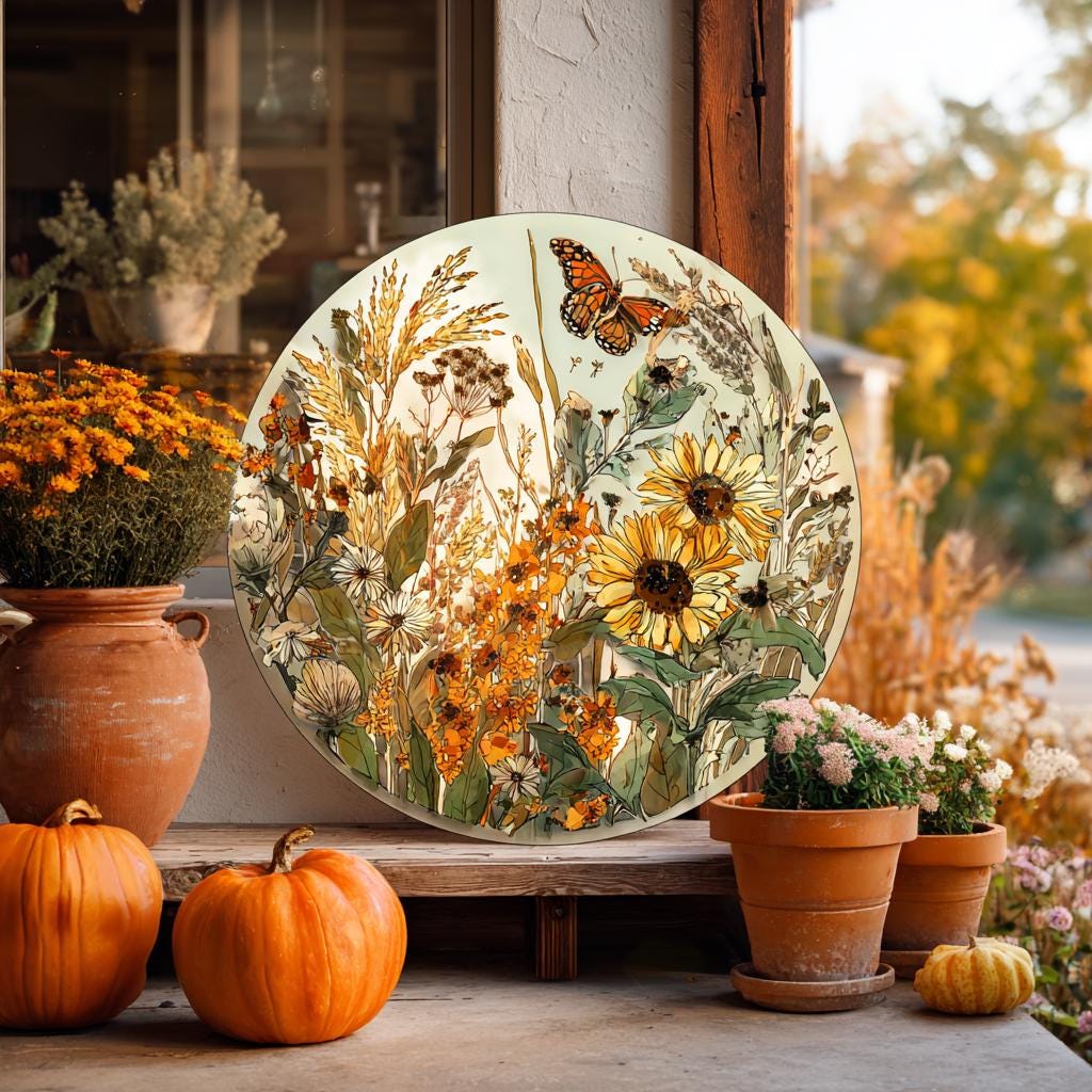 Harvest Meadow Metal Wall Art, Sunflower Butterfly Aluminum Sign, UV Printed Outdoor Decor
