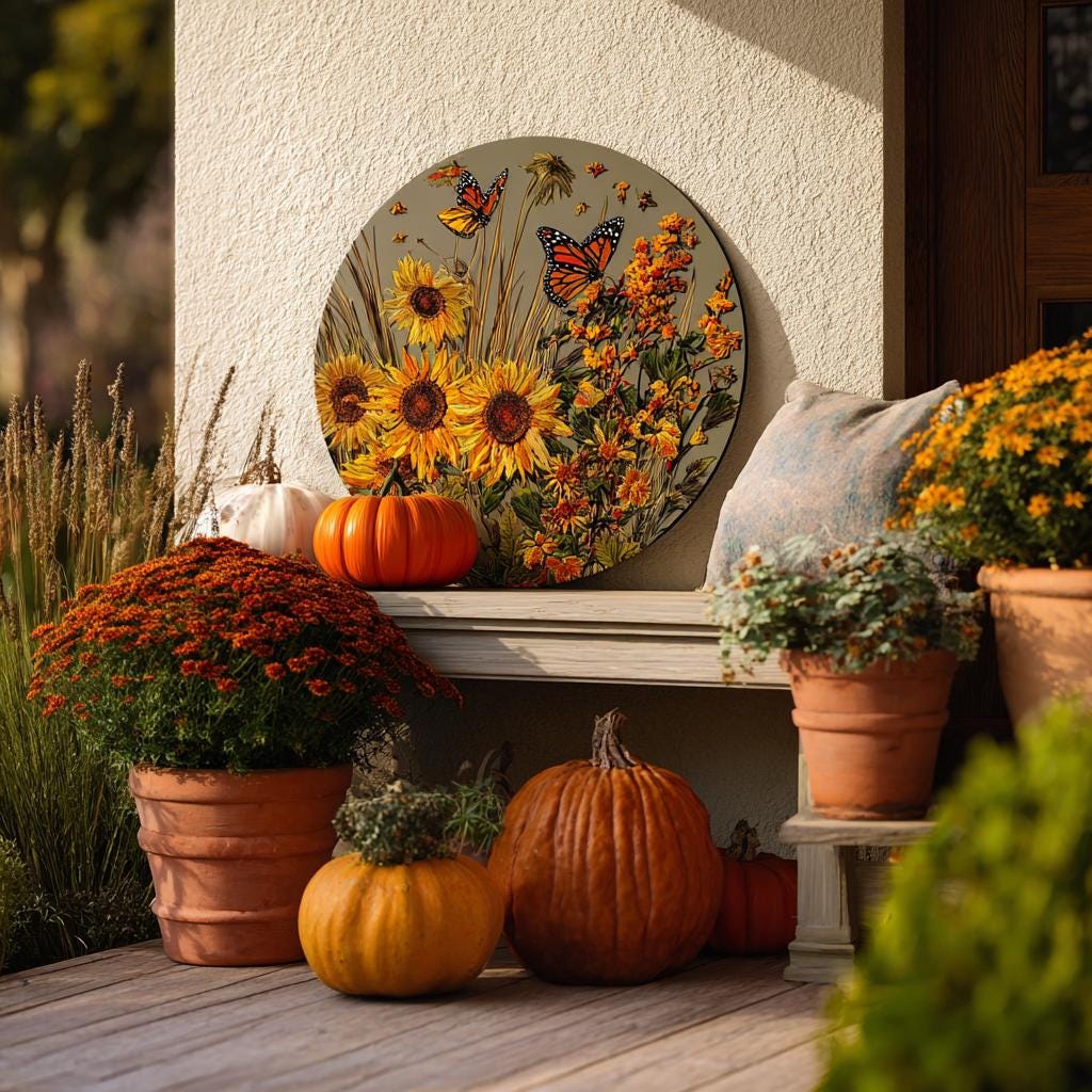 Harvest Meadow Metal Wall Art, Sunflower Butterfly Aluminum Sign, UV Printed Outdoor Decor