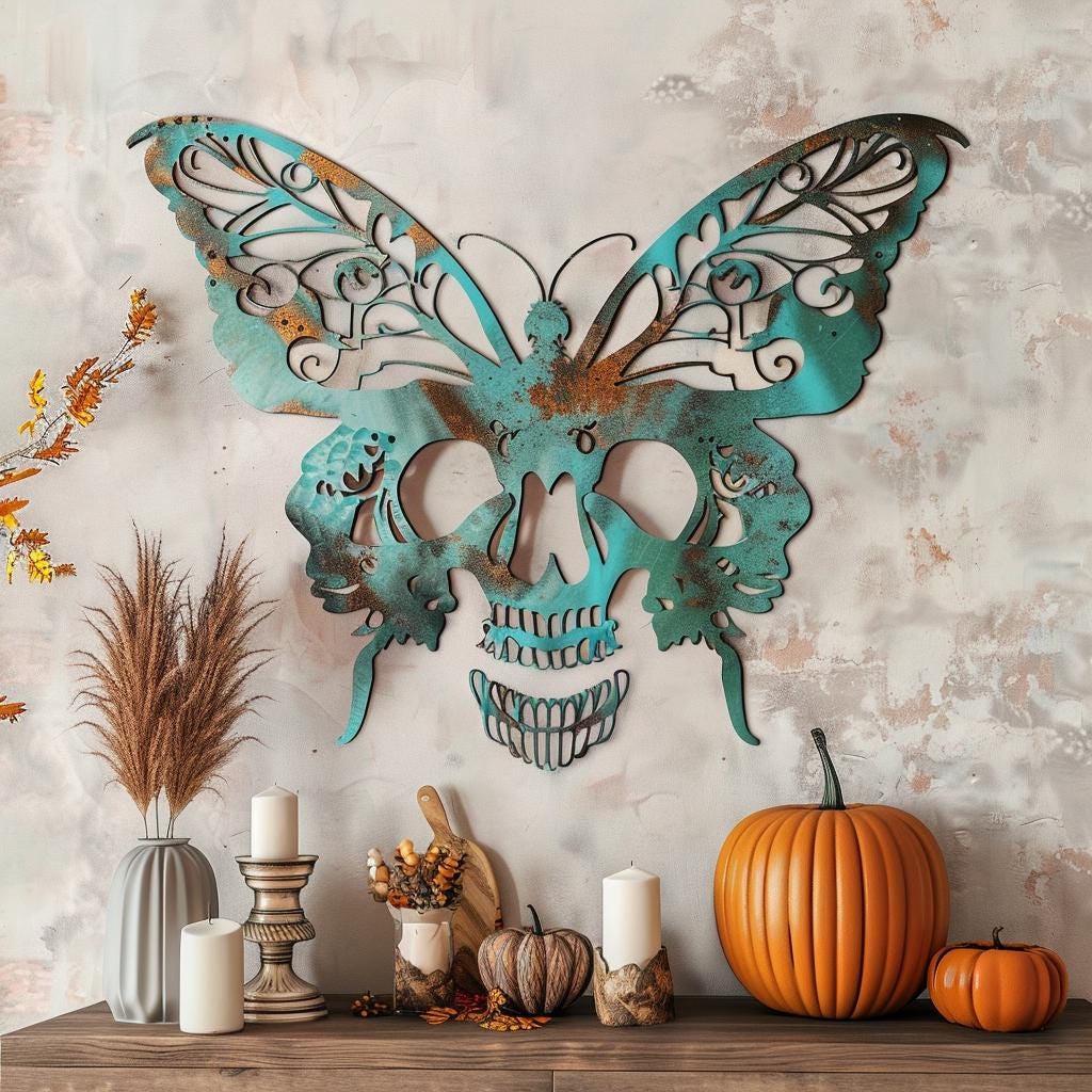Skull Butterfly Metal Wall Art, Gothic Boho Aluminum Decor (UV Printed)