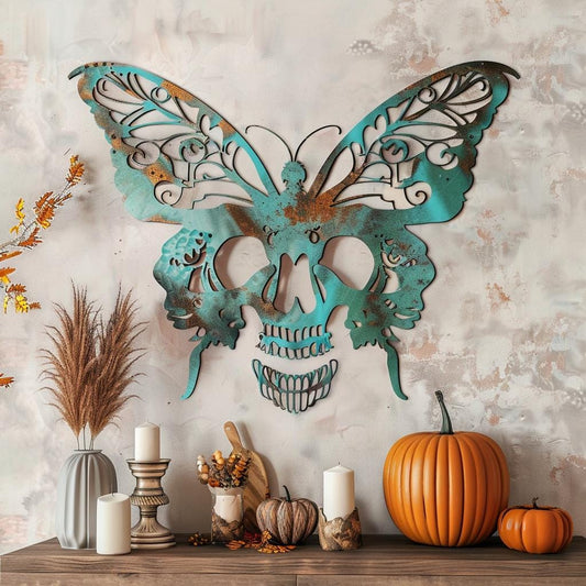Skull Butterfly Metal Wall Art, Gothic Boho Aluminum Decor (UV Printed)