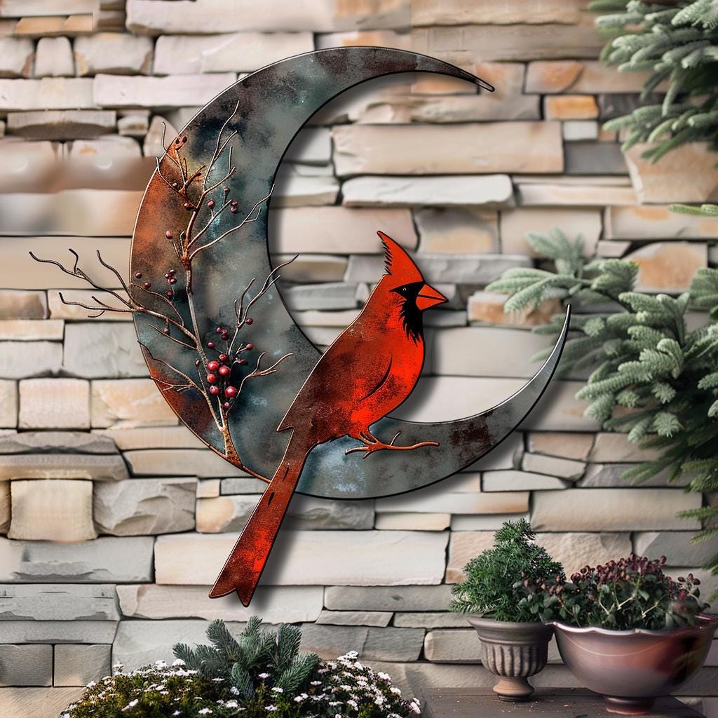 Crescent Moon Cardinal Metal Wall Art, UV Printed Aluminum Bird Decor, Rustic Garden Sign