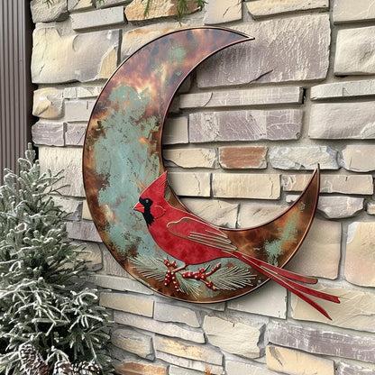 Crescent Moon Cardinal Metal Wall Art, UV Printed Aluminum Bird Decor, Rustic Garden Sign