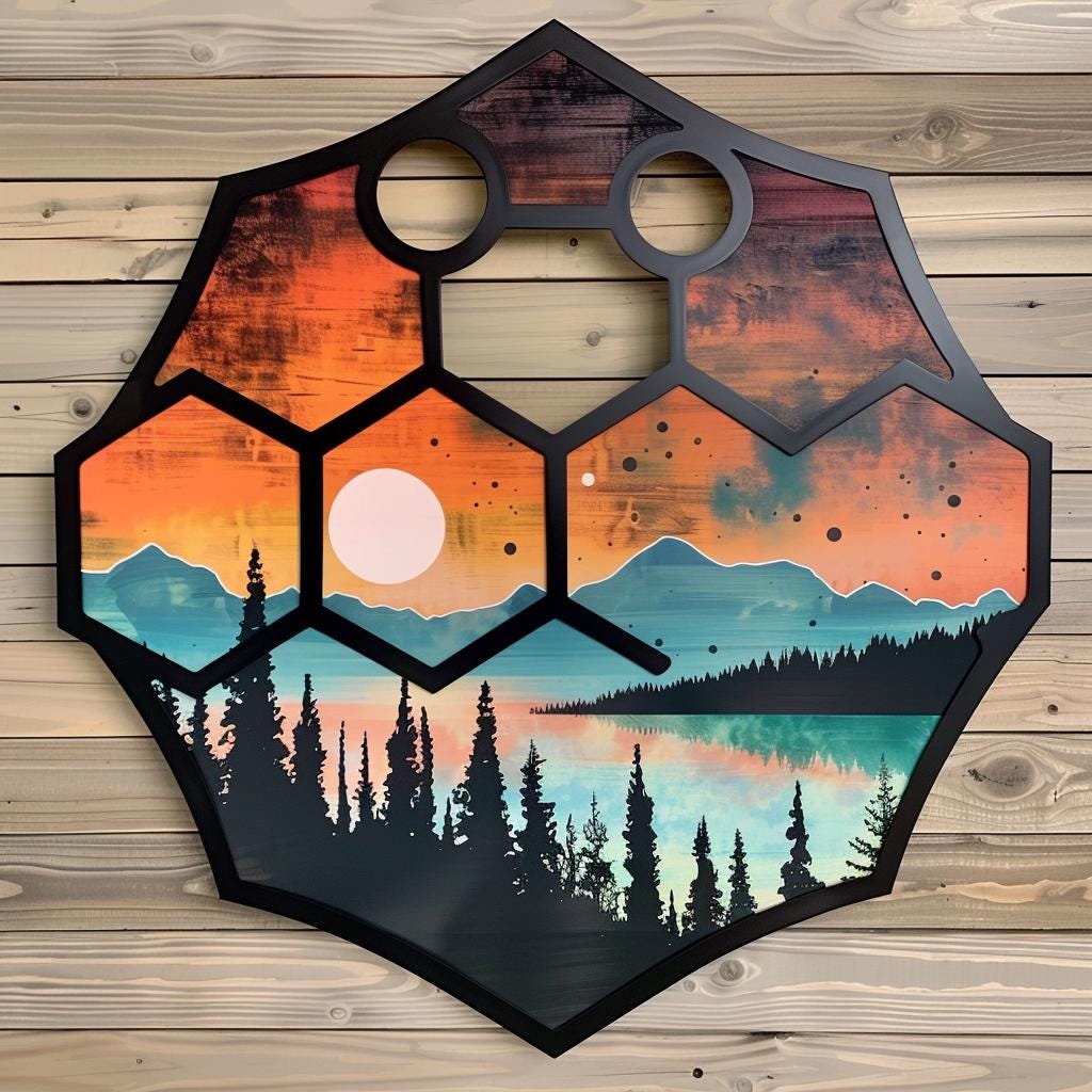 UV Printed Aluminum Mountain Scene Wall Art, Geometric Forest Lake Decor Sign