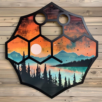UV Printed Aluminum Mountain Scene Wall Art, Geometric Forest Lake Decor Sign