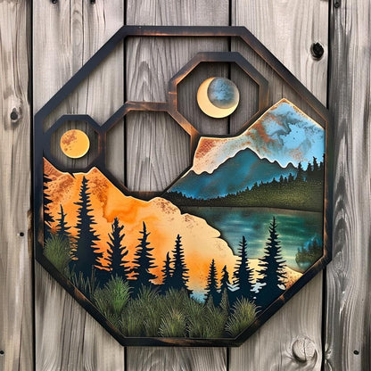 UV Printed Aluminum Mountain Scene Wall Art, Geometric Forest Lake Decor Sign