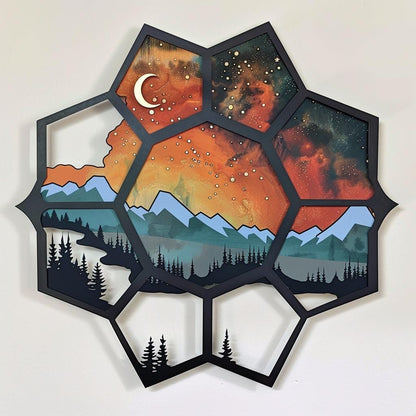 UV Printed Aluminum Mountain Scene Wall Art, Geometric Forest Lake Decor Sign