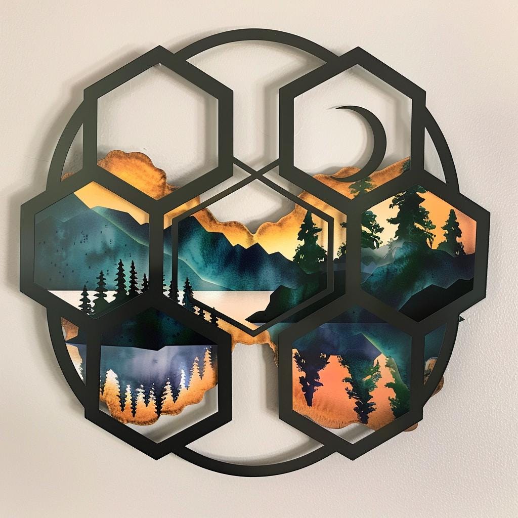 UV Printed Aluminum Mountain Scene Wall Art, Geometric Forest Lake Decor Sign