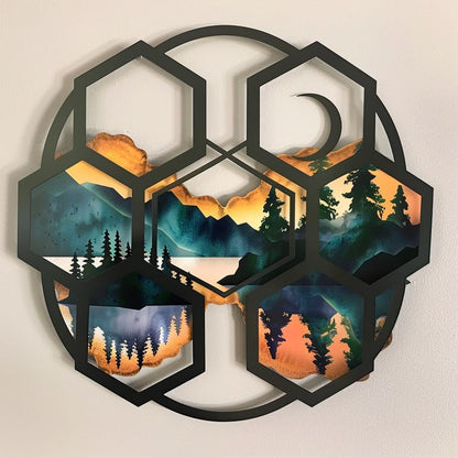 UV Printed Aluminum Mountain Scene Wall Art, Geometric Forest Lake Decor Sign