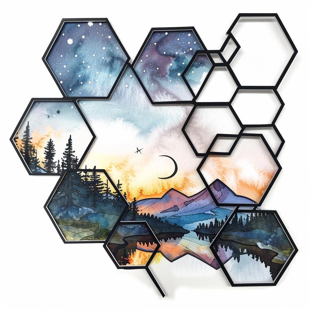UV Printed Aluminum Mountain Scene Wall Art, Geometric Forest Lake Decor Sign