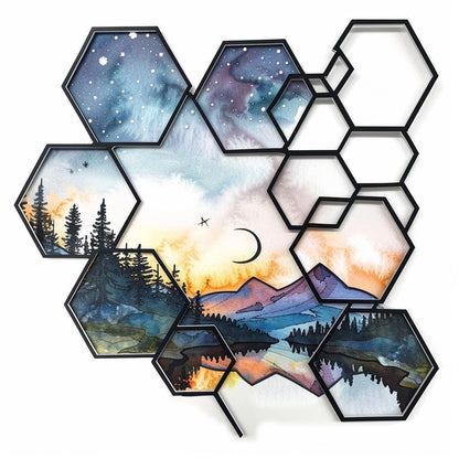 UV Printed Aluminum Mountain Scene Wall Art, Geometric Forest Lake Decor Sign
