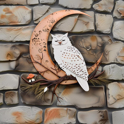 Snowy Owl Crescent Moon Metal Art, Woodland Celestial Decor, Rustic Nature (UV Printed Aluminum)