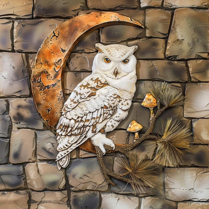 Snowy Owl Crescent Moon Metal Art, Woodland Celestial Decor, Rustic Nature (UV Printed Aluminum)