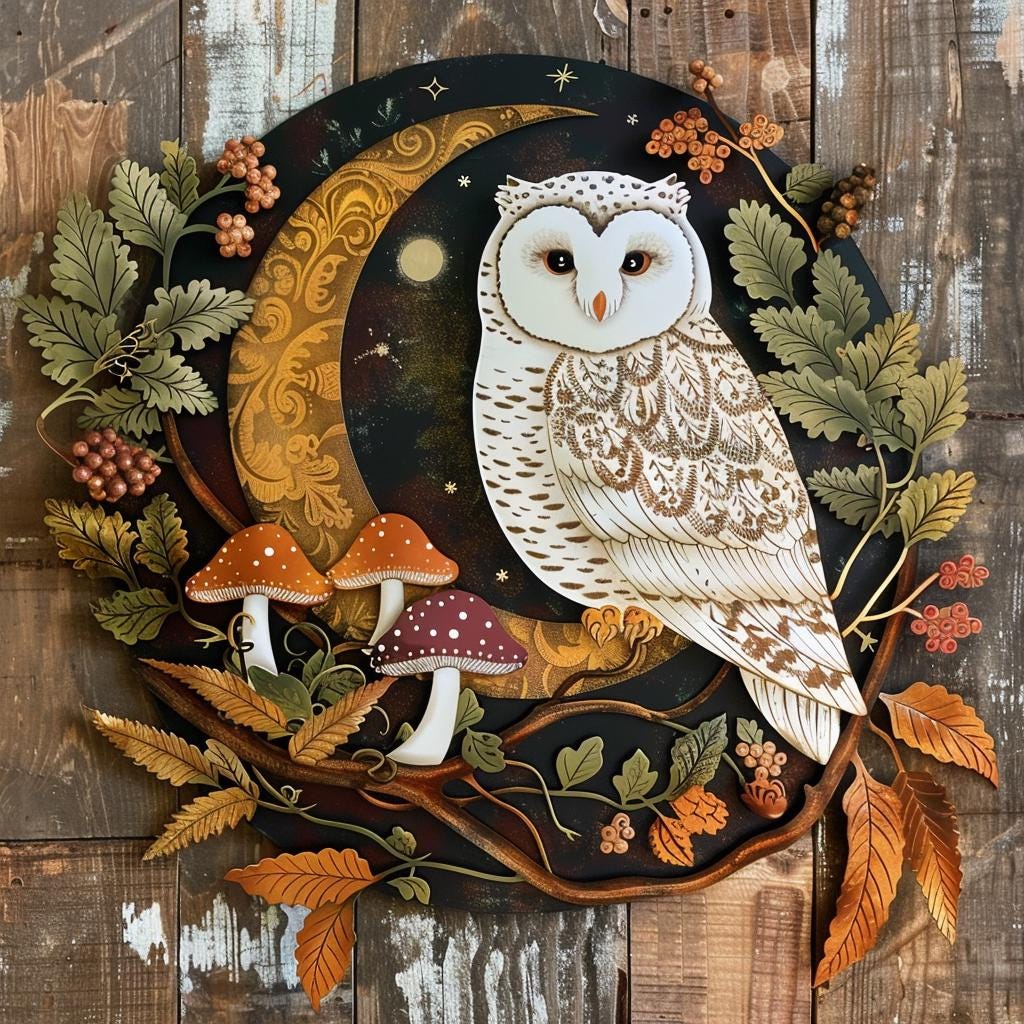 Snowy Owl Crescent Moon Metal Art, Woodland Celestial Decor, Rustic Nature (UV Printed Aluminum)
