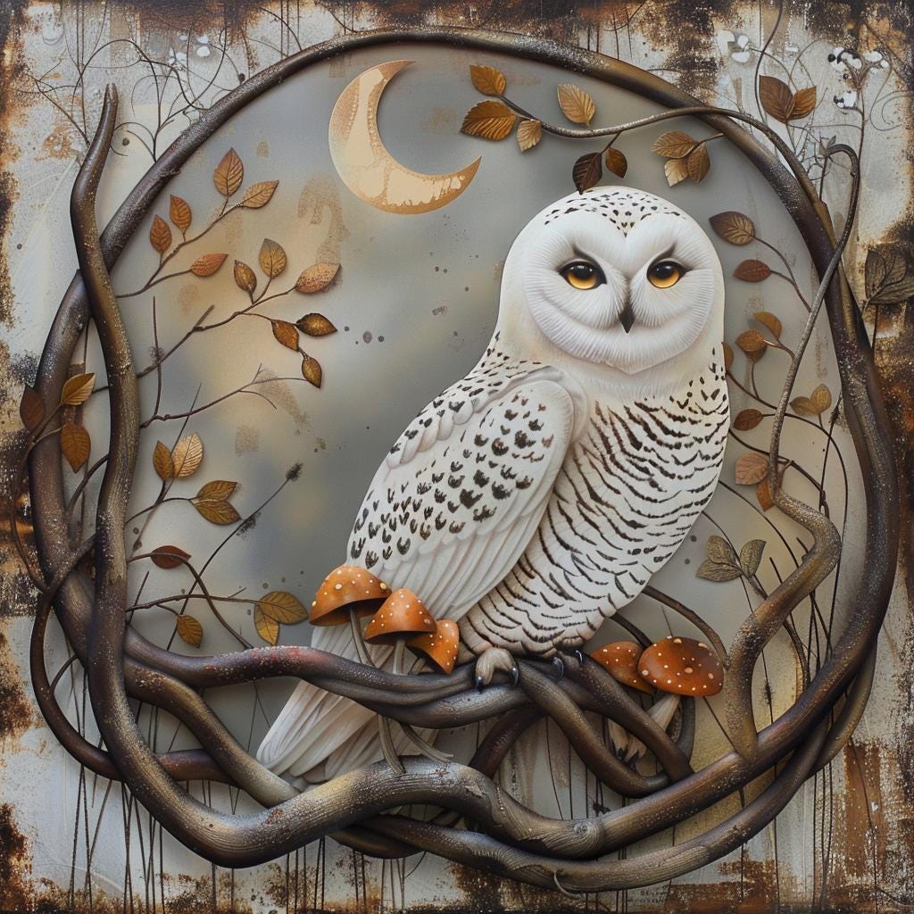 Snowy Owl Crescent Moon Metal Art, Woodland Celestial Decor, Rustic Nature (UV Printed Aluminum)